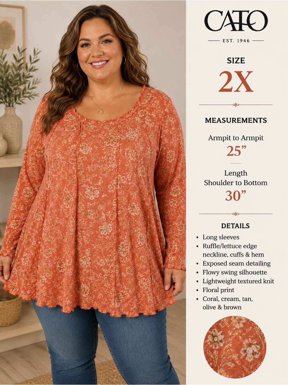 Cato 2X Terracotta Floral Tunic Top Boho Swing Knit Plus Size